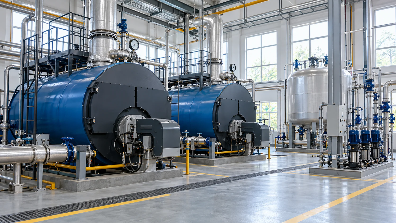 Horizontal industrial boilers, piping and instruments