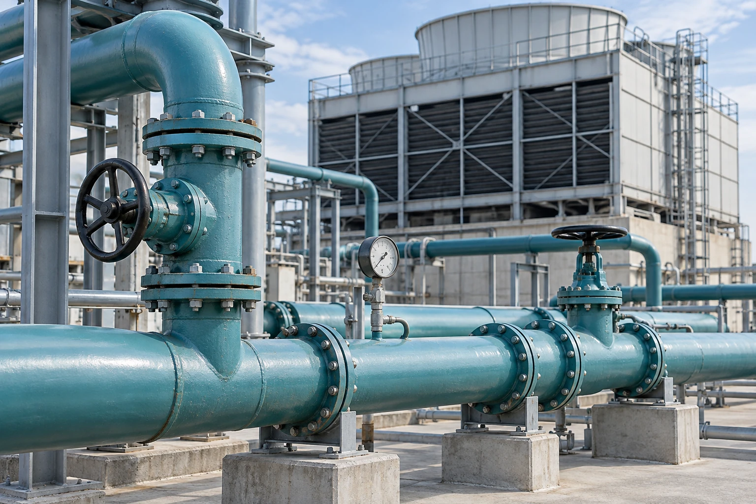 Outdoor cooling towers, recirculating pipework, valves and pressure gauges
