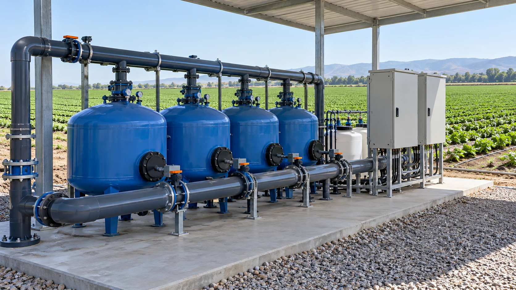 Blue field filtration tanks, headers and a control cabinet