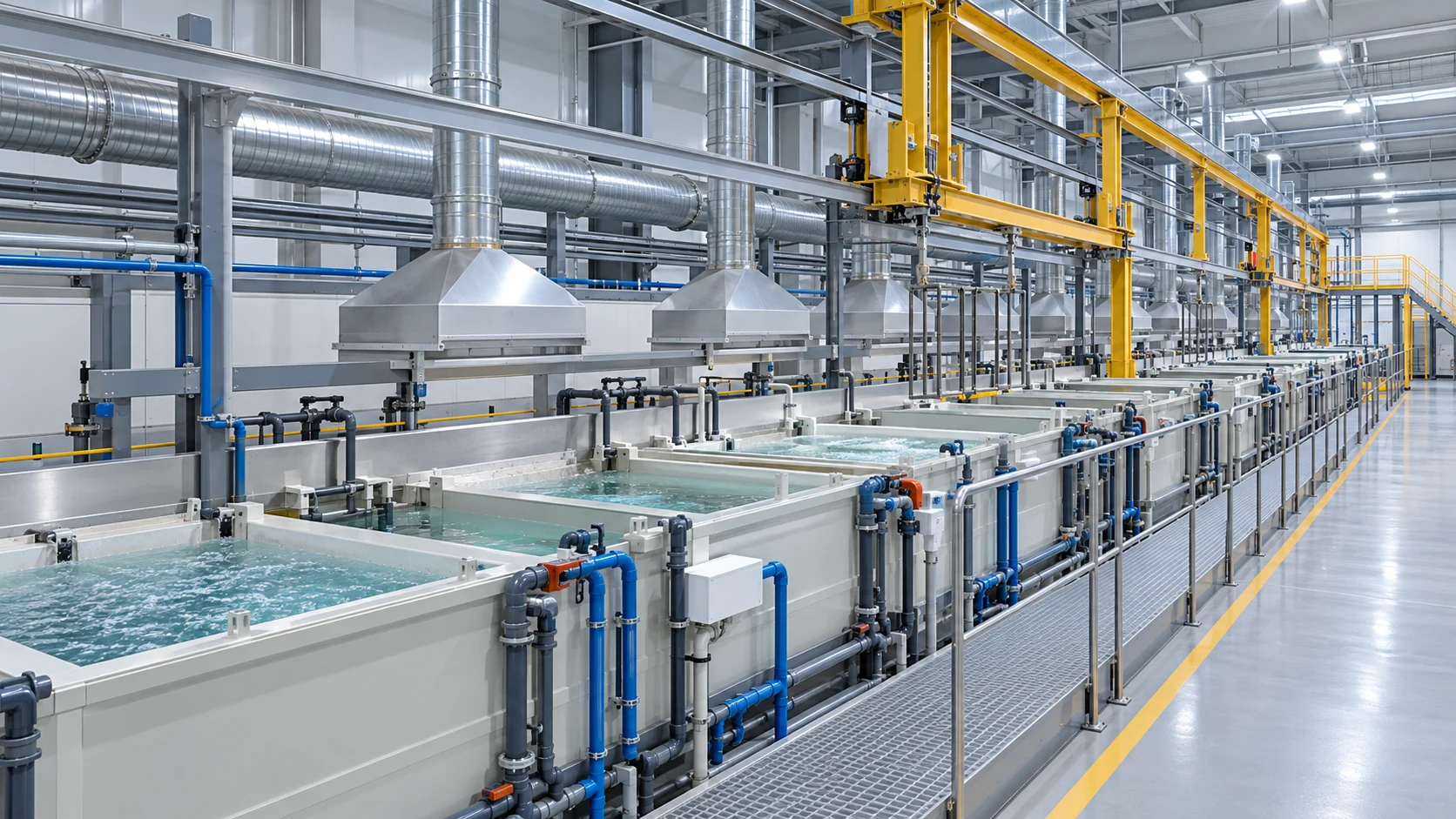 Metal-finishing workshop tank lines, extraction hoods and lifting structures