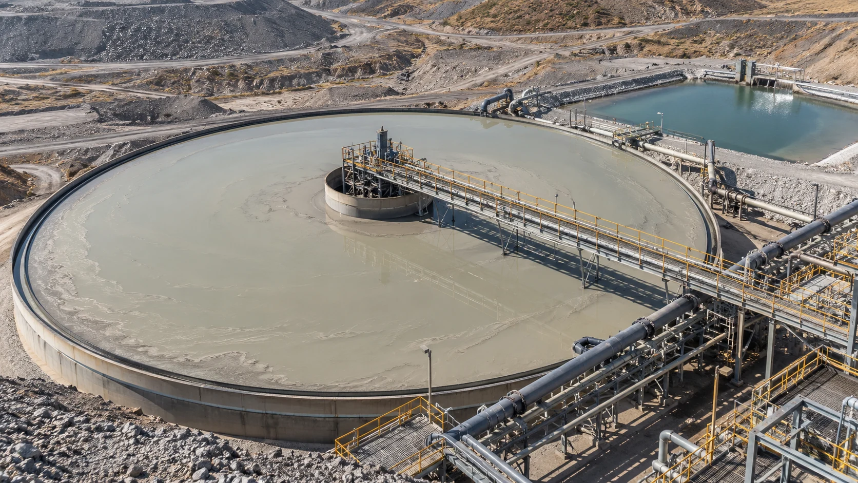 Circular mine thickeners, access bridges and return-water basins