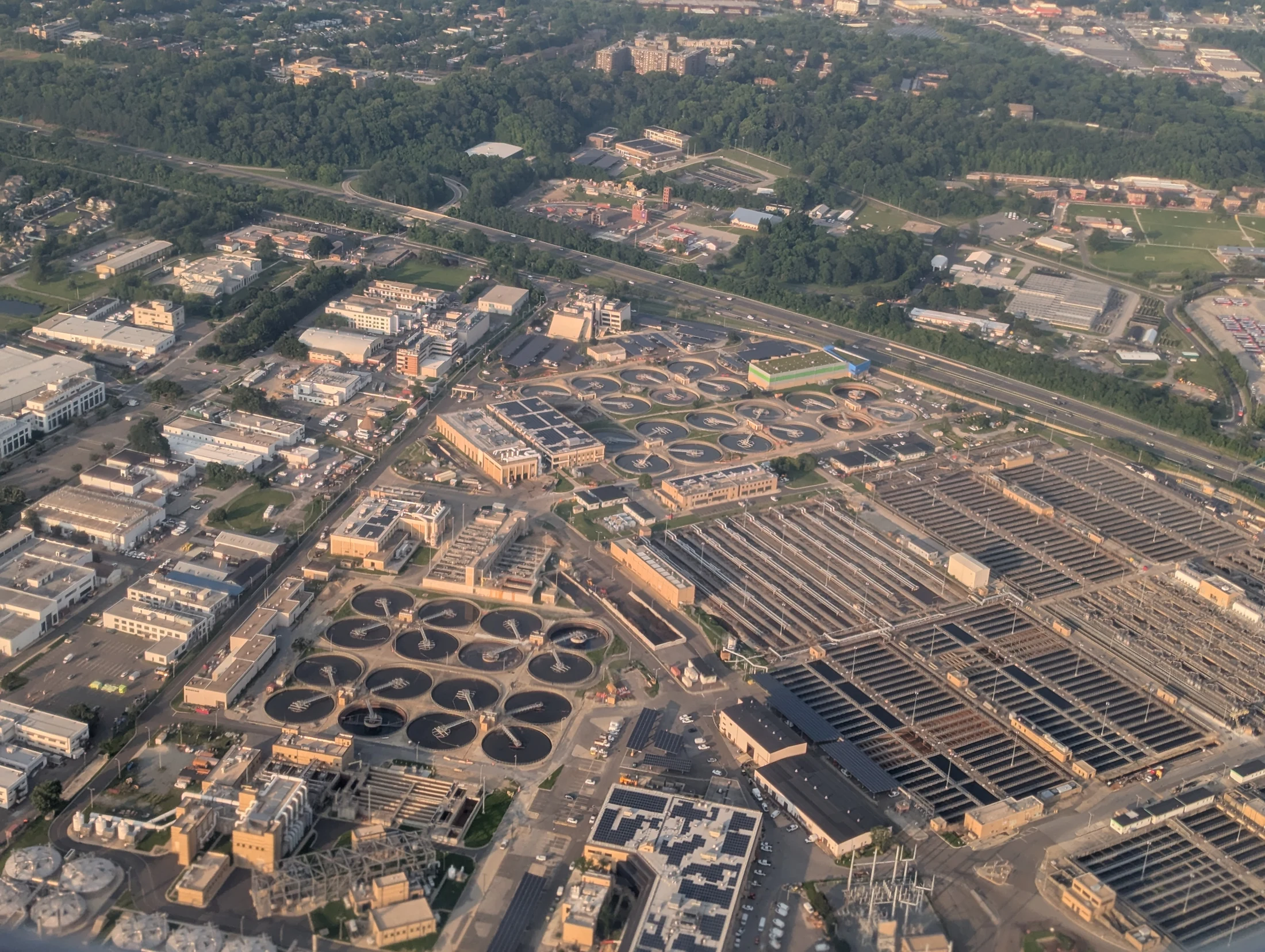 Aerial view of an actual municipal wastewater plant with multiple basins