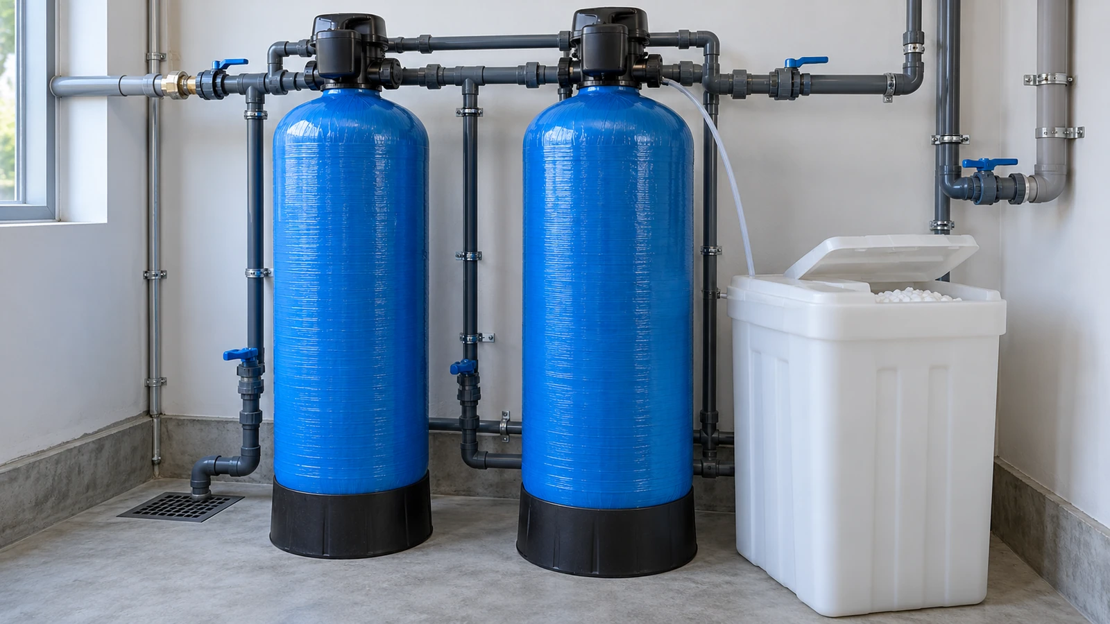 Blue vertical tanks, valve assemblies and a white brine tank