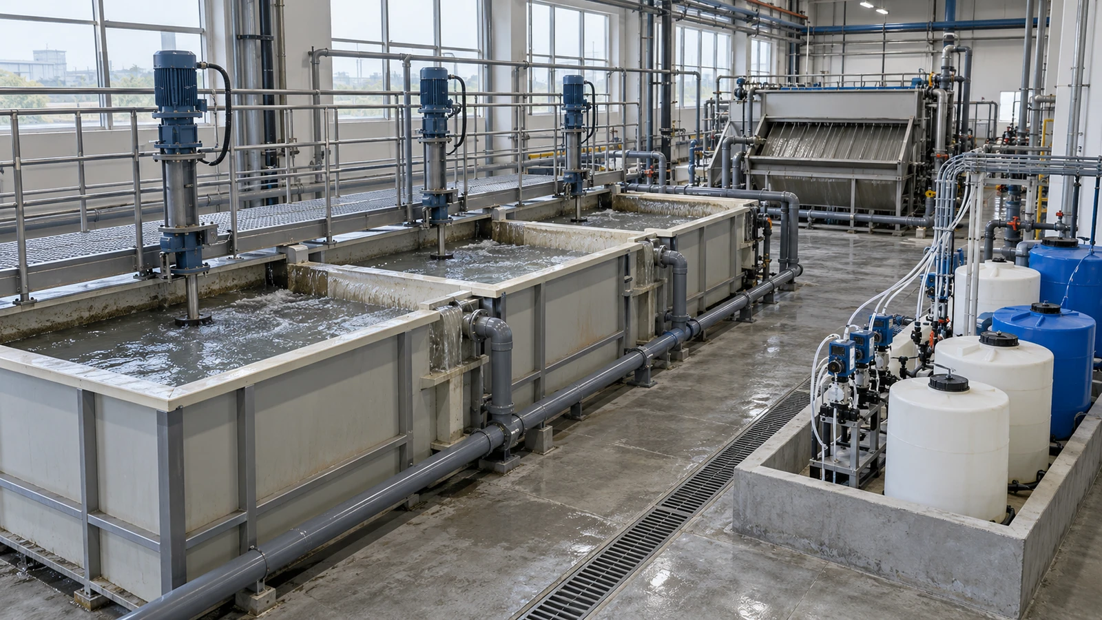 Multistage mixing / dosing tanks, pipework, chemical storage tanks and solid–liquid separation equipment