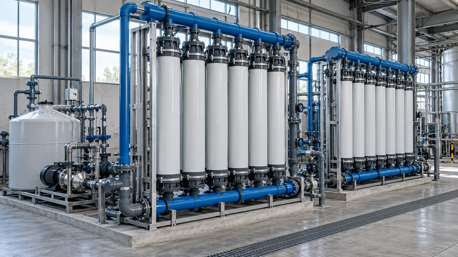 Tall vertical membrane modules, headers and side-mounted tanks and pumps