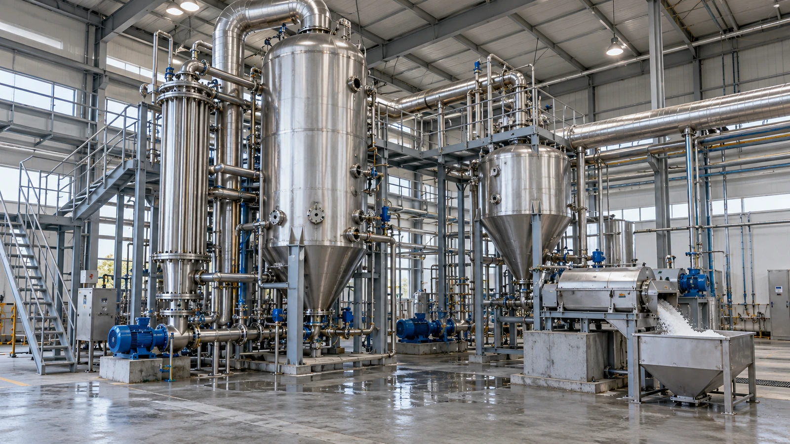 Evaporation / crystallization vessels, vertical heat-exchange structures and solids-discharge equipment