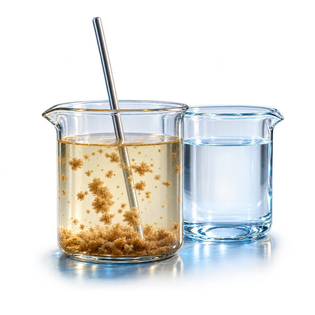Conceptual illustration of coagulation and flocculation with glass beakers and visible flocs.